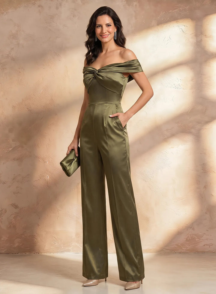 Veloria Olive Satin Off-Shoulder Wide-Leg Jumpsuit
