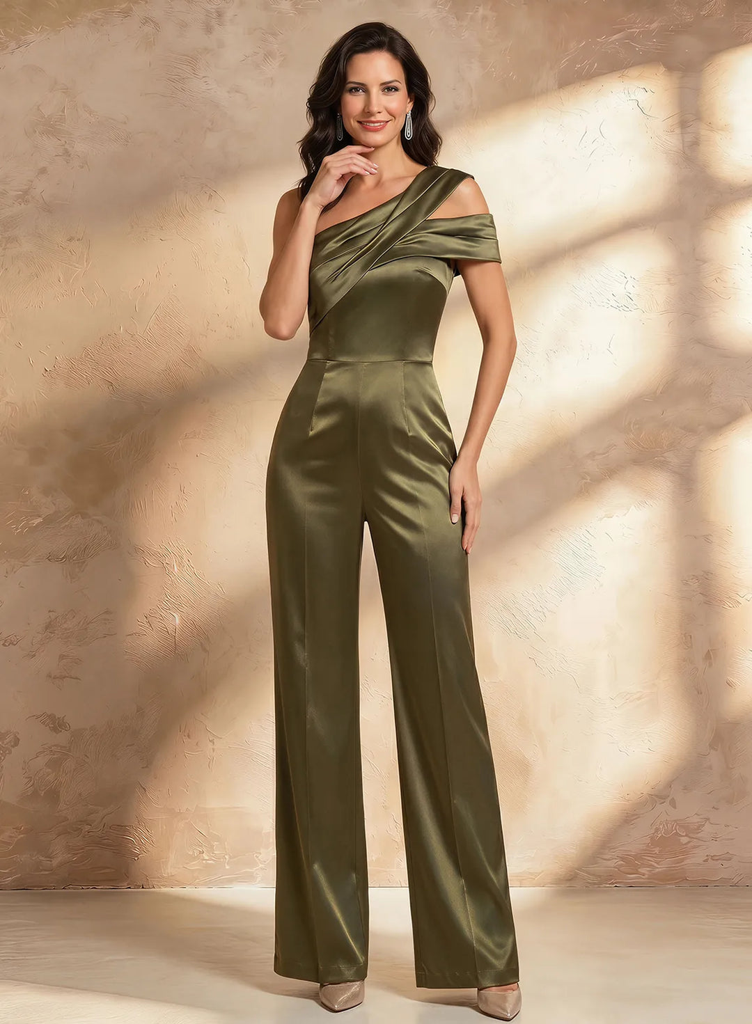 Veloria Olive One-Shoulder Satin Wide-Leg Formal Jumpsuit