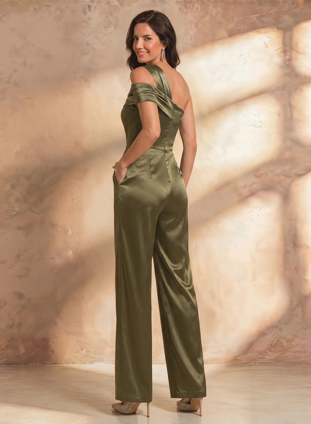 Veloria Olive One-Shoulder Satin Wide-Leg Formal Jumpsuit