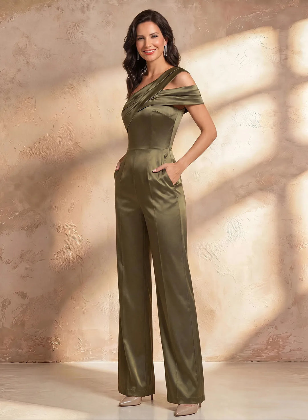 Veloria Olive One-Shoulder Satin Wide-Leg Formal Jumpsuit