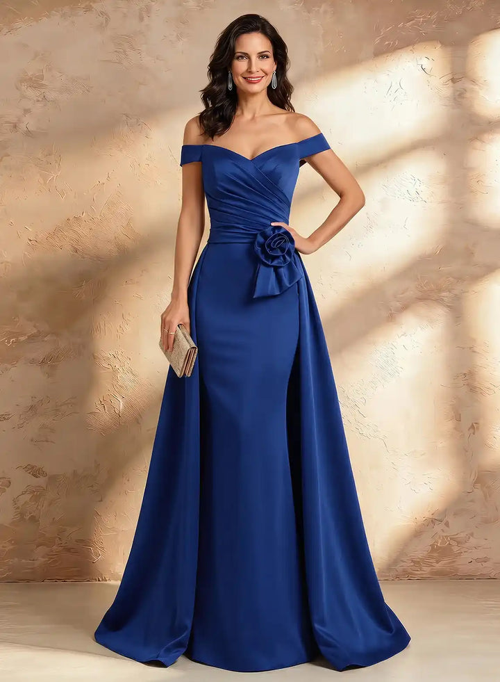 Veloria Royal Blue Off-Shoulder Satin Evening Gown with Draped Train &amp; Floral Accent