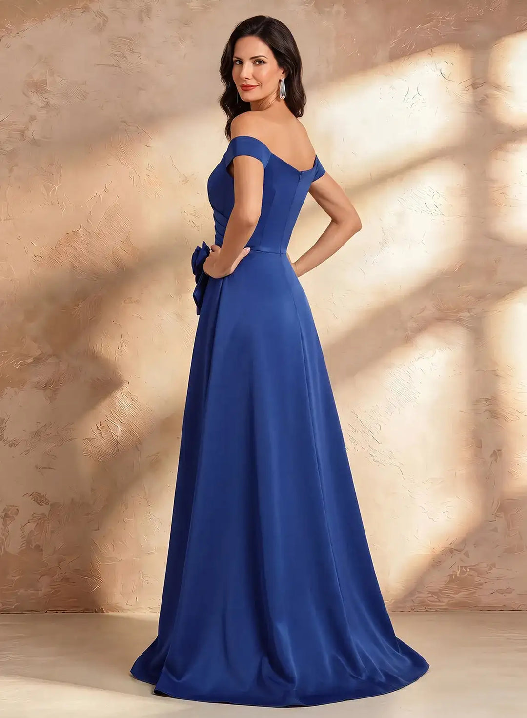 Veloria Royal Blue Off-Shoulder Satin Evening Gown with Draped Train &amp; Floral Accent