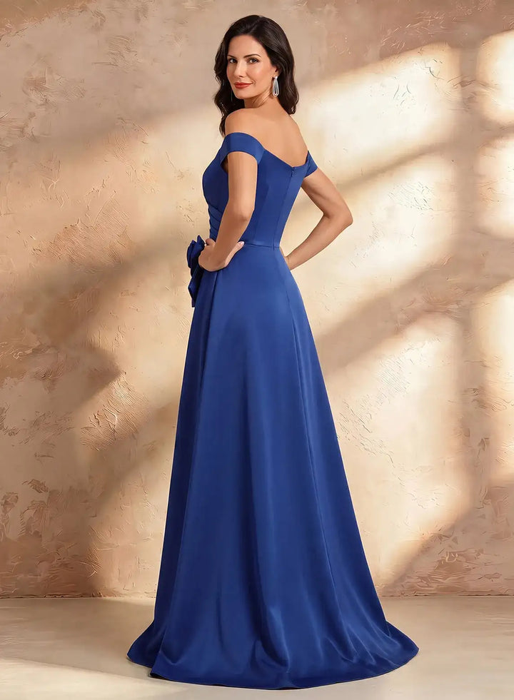 Veloria Royal Blue Off-Shoulder Satin Evening Gown with Draped Train &amp; Floral Accent