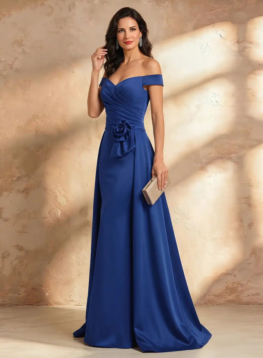Veloria Royal Blue Off-Shoulder Satin Evening Gown with Draped Train &amp; Floral Accent