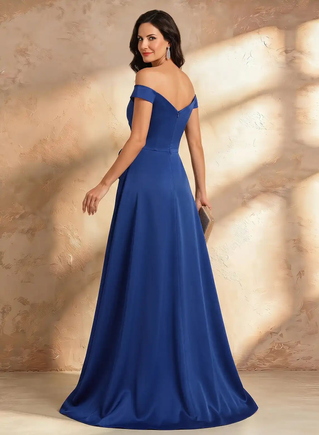Veloria Royal Blue Off-Shoulder Satin Evening Gown with Draped Train &amp; Floral Accent
