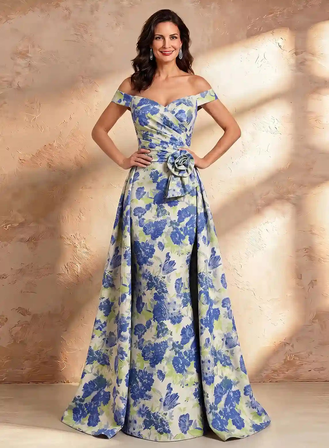 Veloria Luxe Off-Shoulder Jacquard Evening Gown with Sculpted Floral Waist Detail