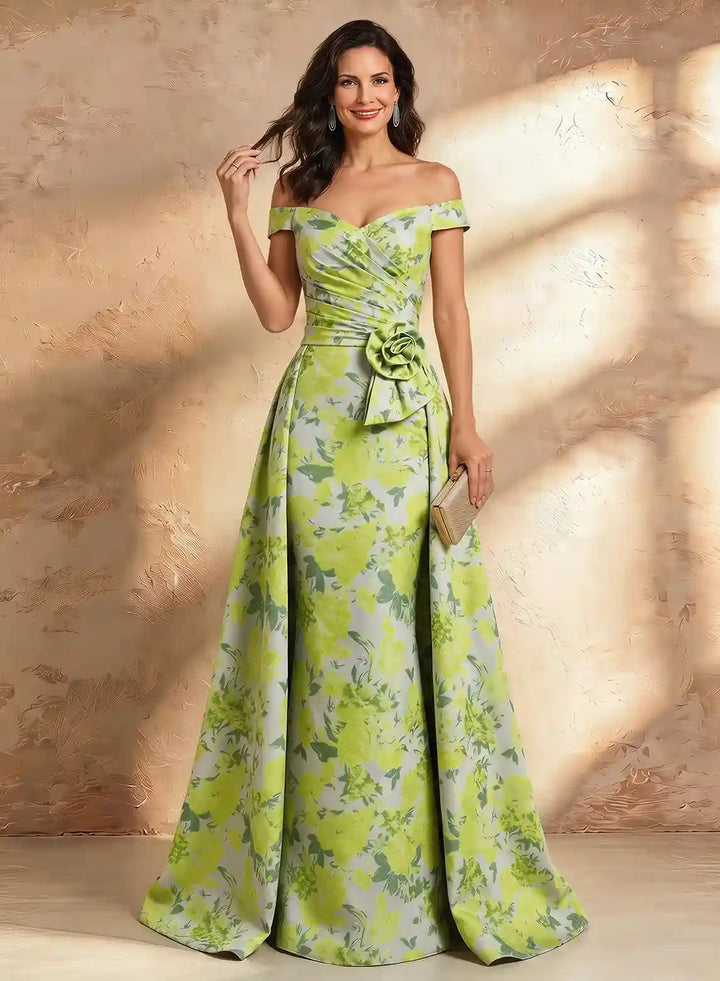 Veloria Luxe Off-Shoulder Jacquard Evening Gown with Sculpted Floral Waist Detail