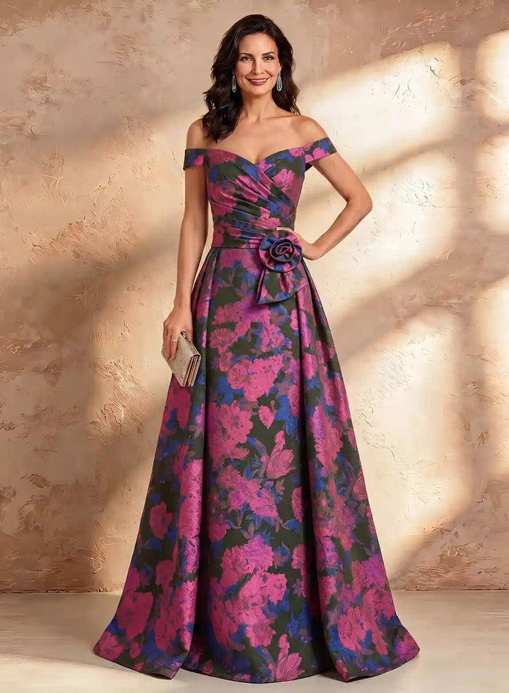 Veloria Luxe Off-Shoulder Jacquard Evening Gown with Sculpted Floral Waist Detail