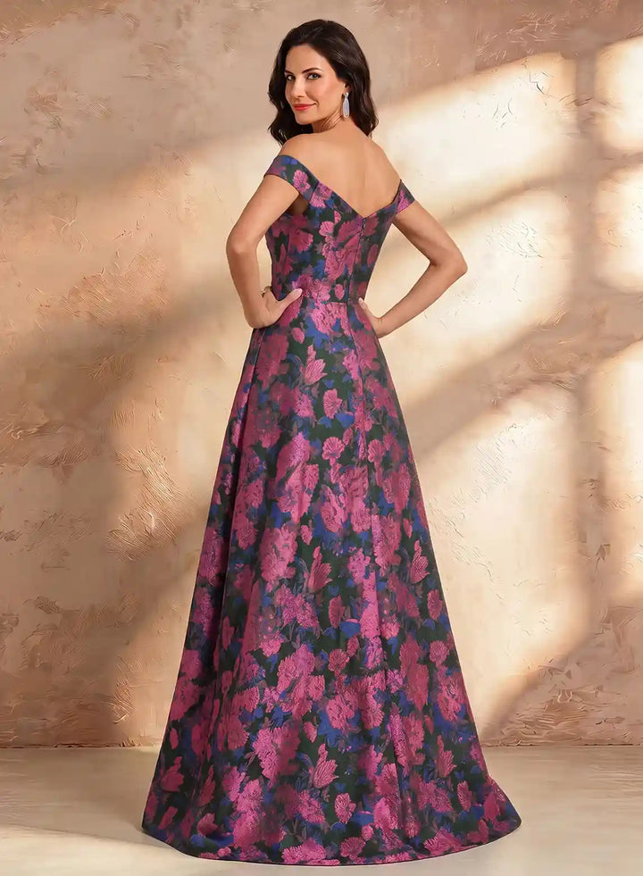Veloria Luxe Off-Shoulder Jacquard Evening Gown with Sculpted Floral Waist Detail