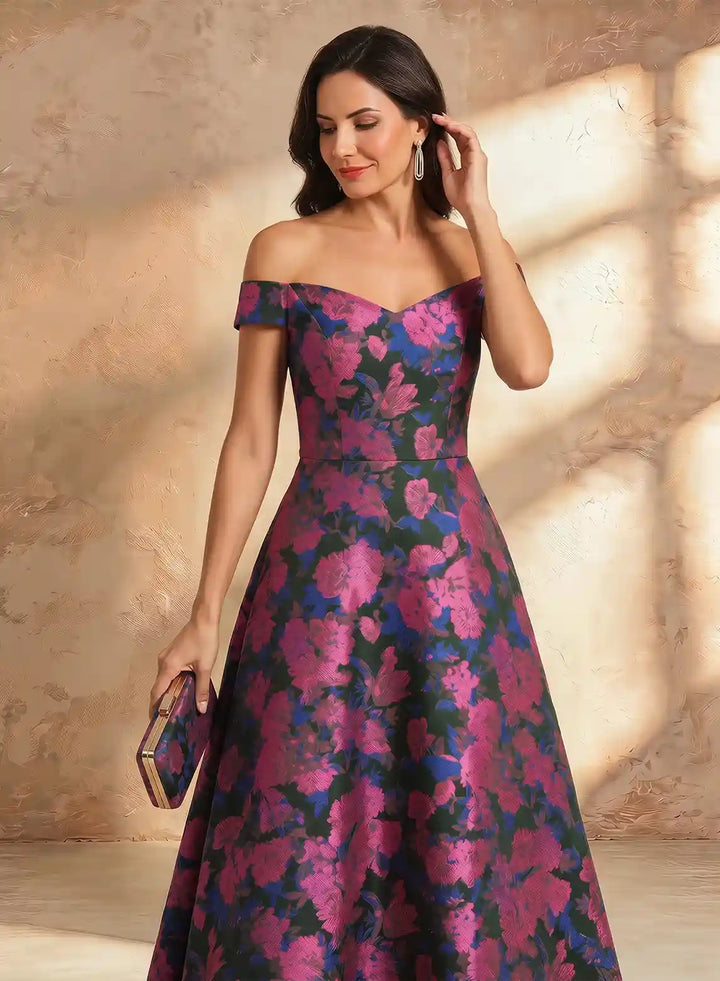 Veloria Luxe Off-Shoulder Jacquard Evening Gown with Sculpted Floral Waist Detail