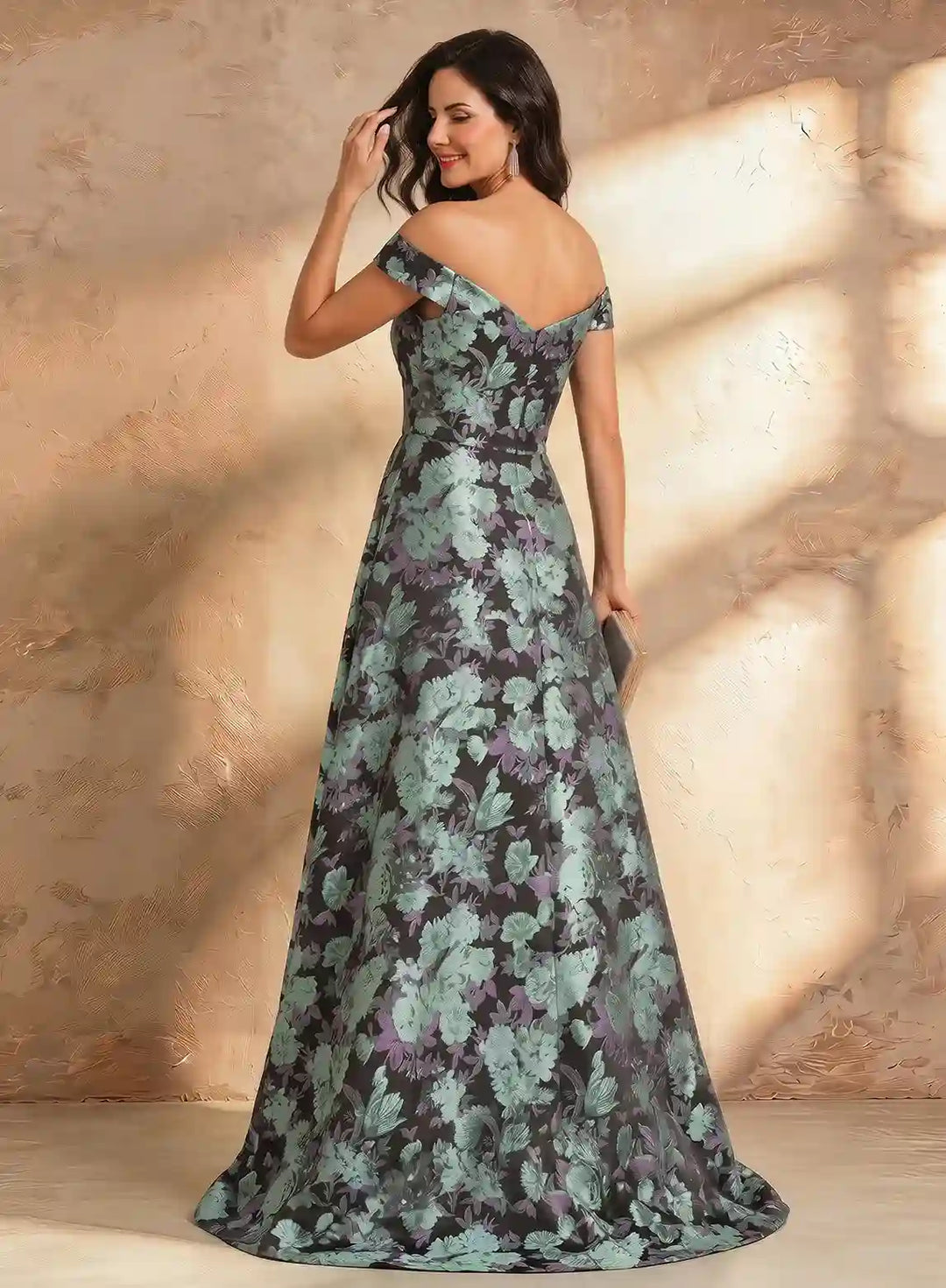 Veloria Luxe Off-Shoulder Jacquard Evening Gown with Sculpted Floral Waist Detail