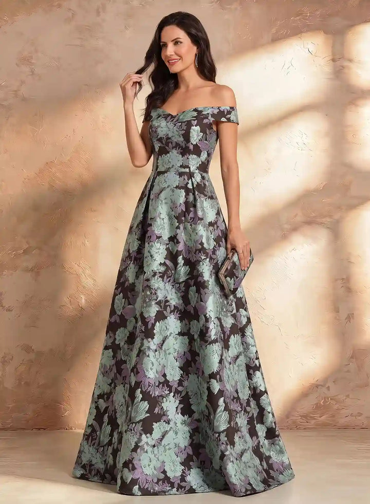 Veloria Luxe Off-Shoulder Jacquard Evening Gown with Sculpted Floral Waist Detail