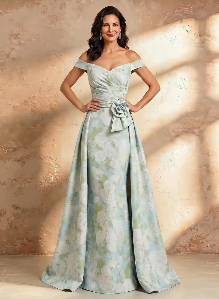 Veloria Luxe Off-Shoulder Jacquard Evening Gown with Sculpted Floral Waist Detail