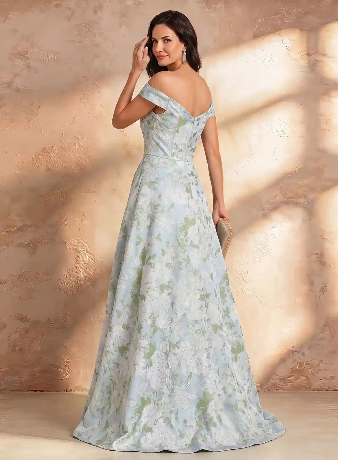 Veloria Luxe Off-Shoulder Jacquard Evening Gown with Sculpted Floral Waist Detail