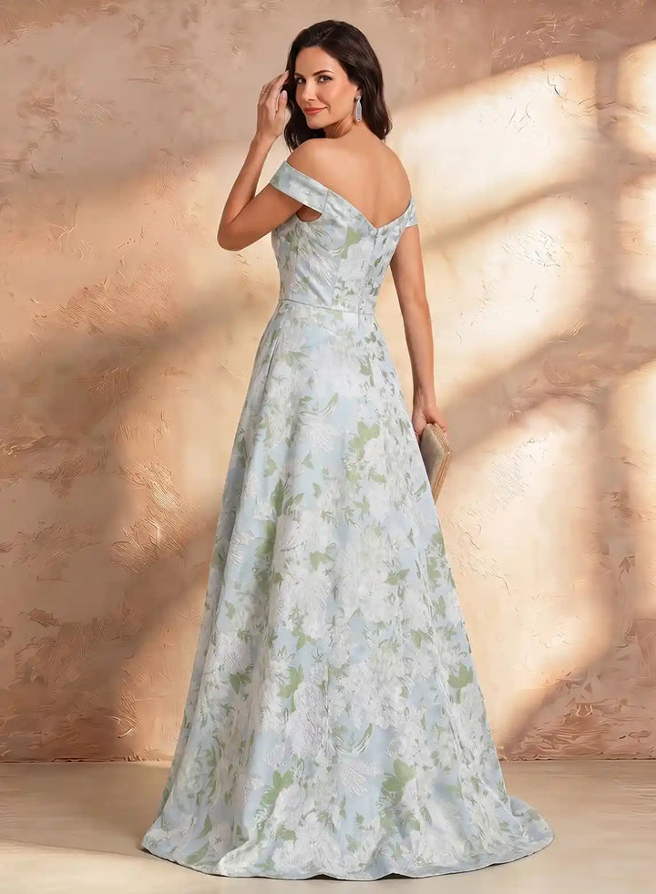 Veloria Luxe Off-Shoulder Jacquard Evening Gown with Sculpted Floral Waist Detail