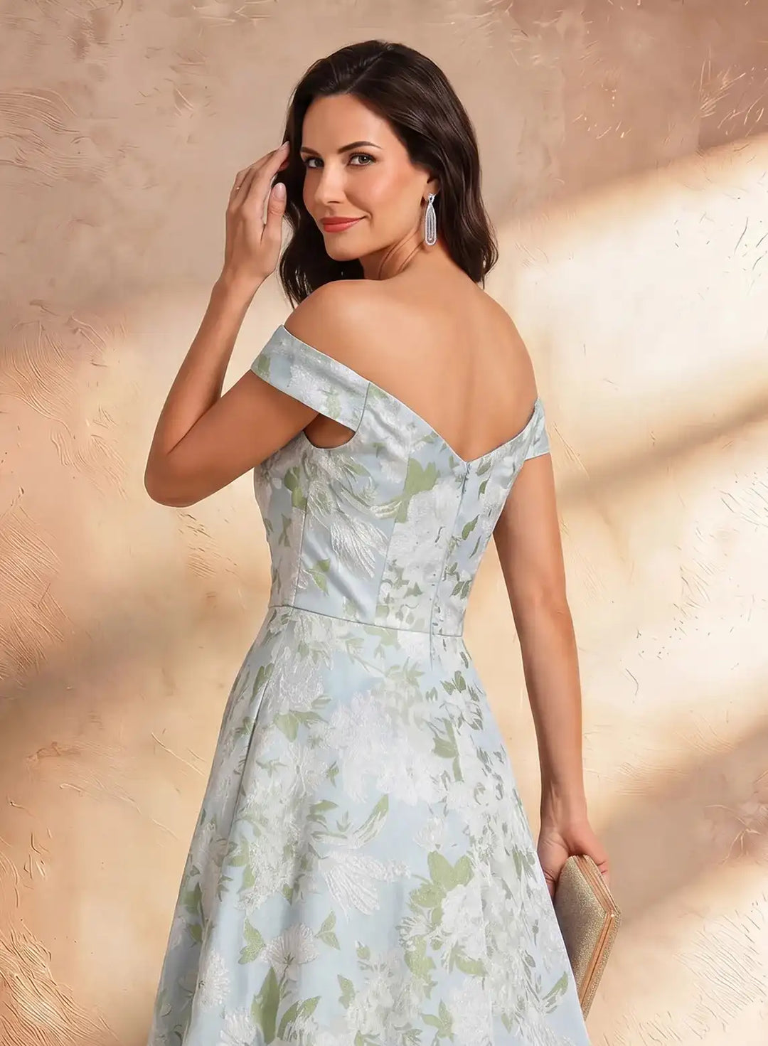 Veloria Luxe Off-Shoulder Jacquard Evening Gown with Sculpted Floral Waist Detail