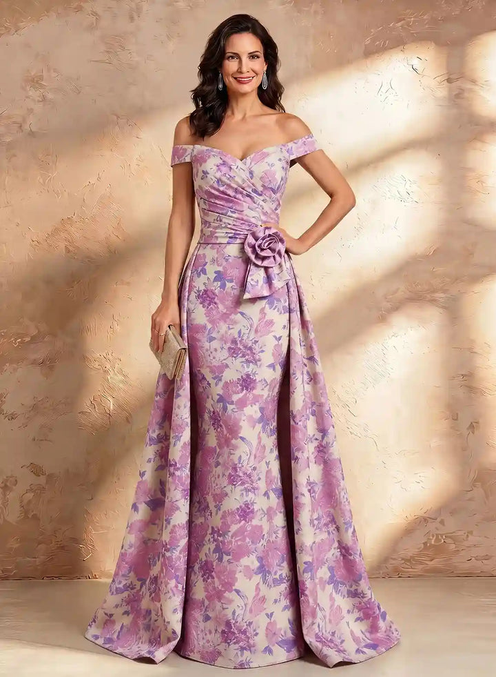 Veloria Luxe Off-Shoulder Jacquard Evening Gown with Sculpted Floral Waist Detail