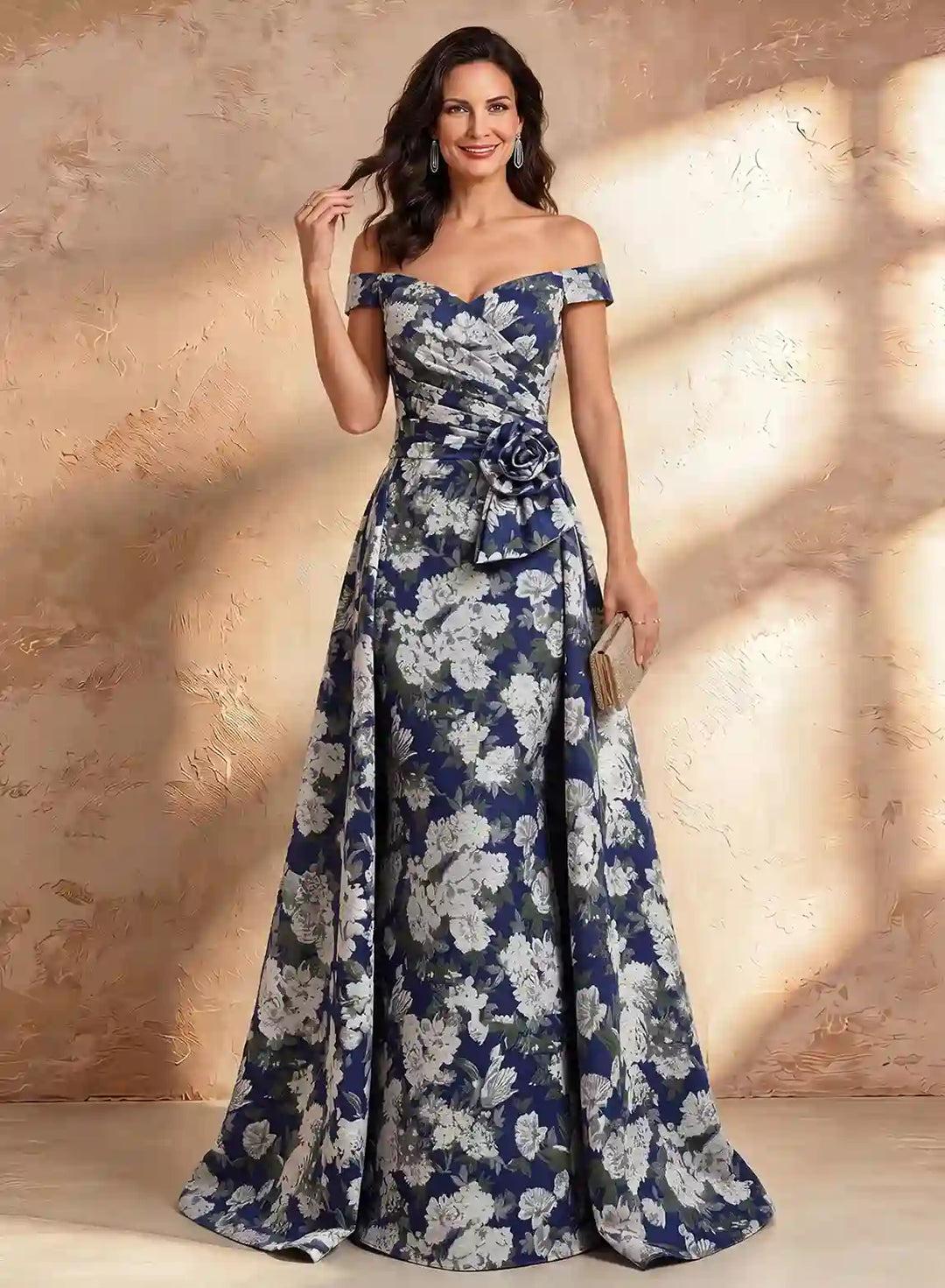 Veloria Luxe Off-Shoulder Jacquard Evening Gown with Sculpted Floral Waist Detail