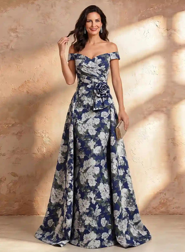 Veloria Luxe Off-Shoulder Jacquard Evening Gown with Sculpted Floral Waist Detail