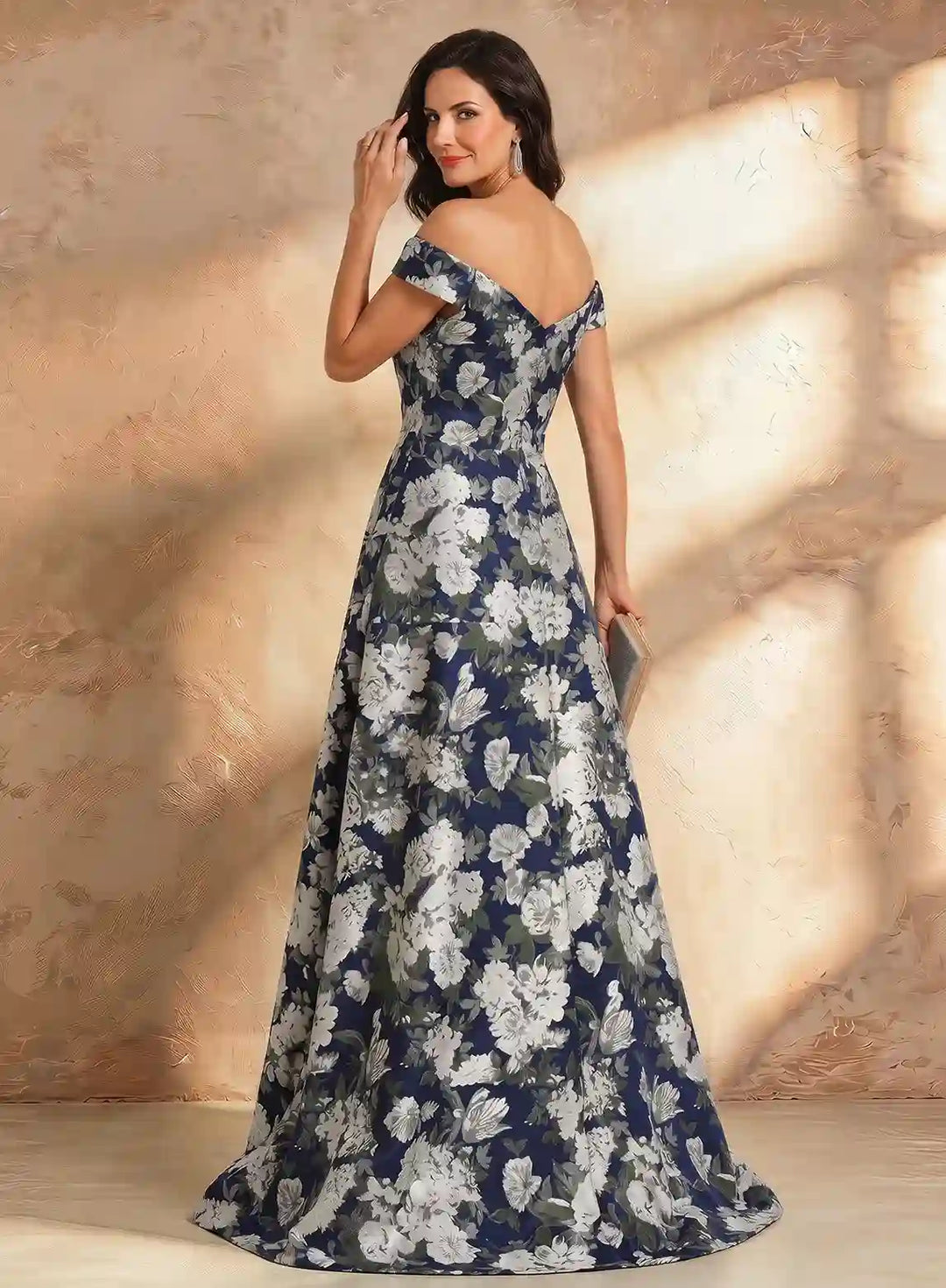 Veloria Luxe Off-Shoulder Jacquard Evening Gown with Sculpted Floral Waist Detail