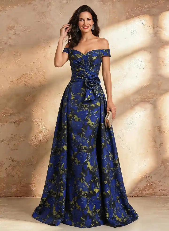 Veloria Luxe Off-Shoulder Jacquard Evening Gown with Sculpted Floral Waist Detail