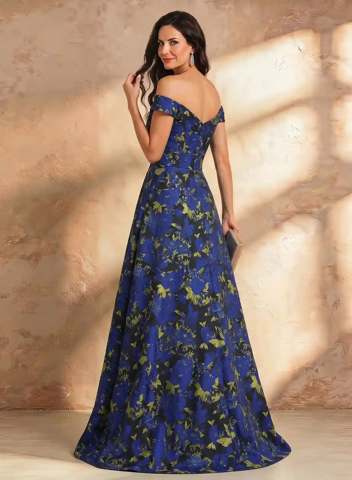 Veloria Luxe Off-Shoulder Jacquard Evening Gown with Sculpted Floral Waist Detail