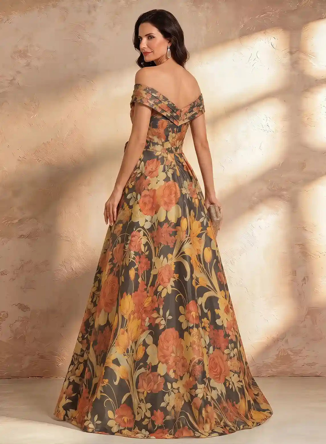 Veloria Off-Shoulder Floral Chiffon Evening Gown with Flowing A-Line Silhouette