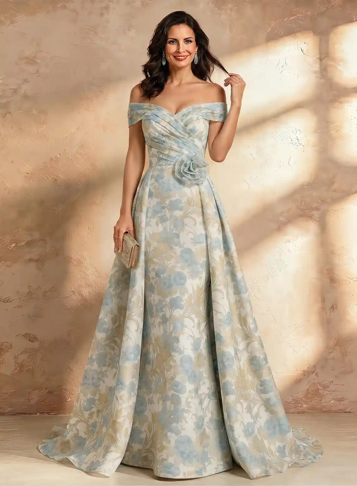 Veloria Off-Shoulder Floral Chiffon Evening Gown with Flowing A-Line Silhouette