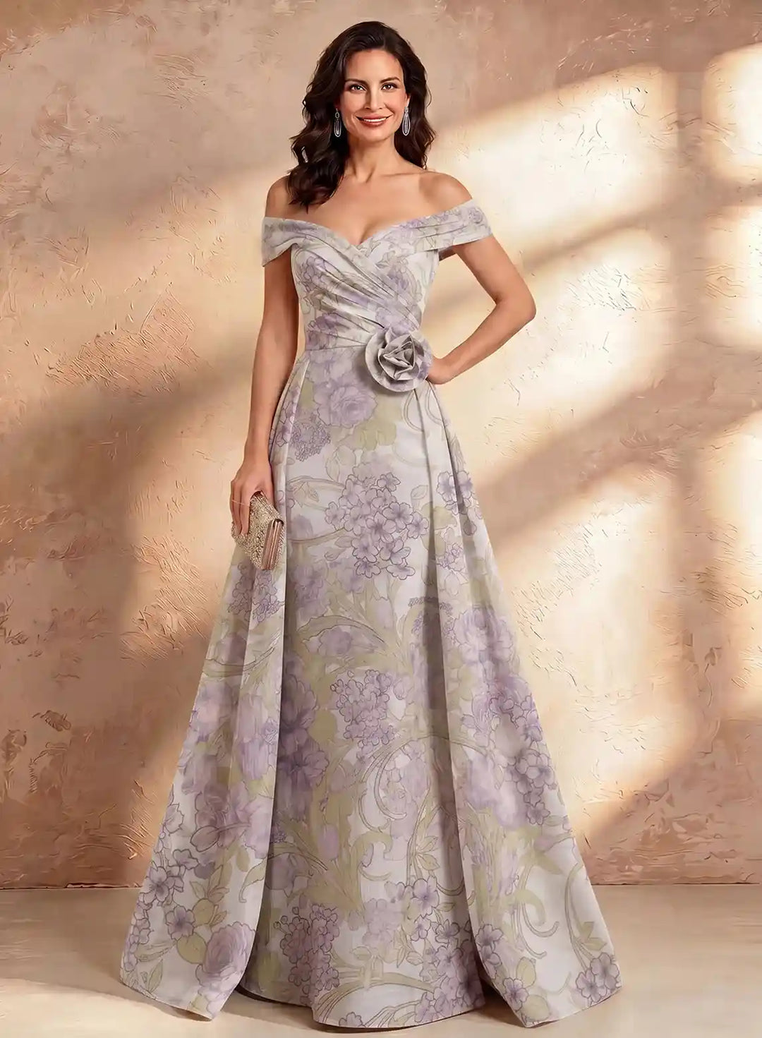 Veloria Off-Shoulder Floral Chiffon Evening Gown with Flowing A-Line Silhouette