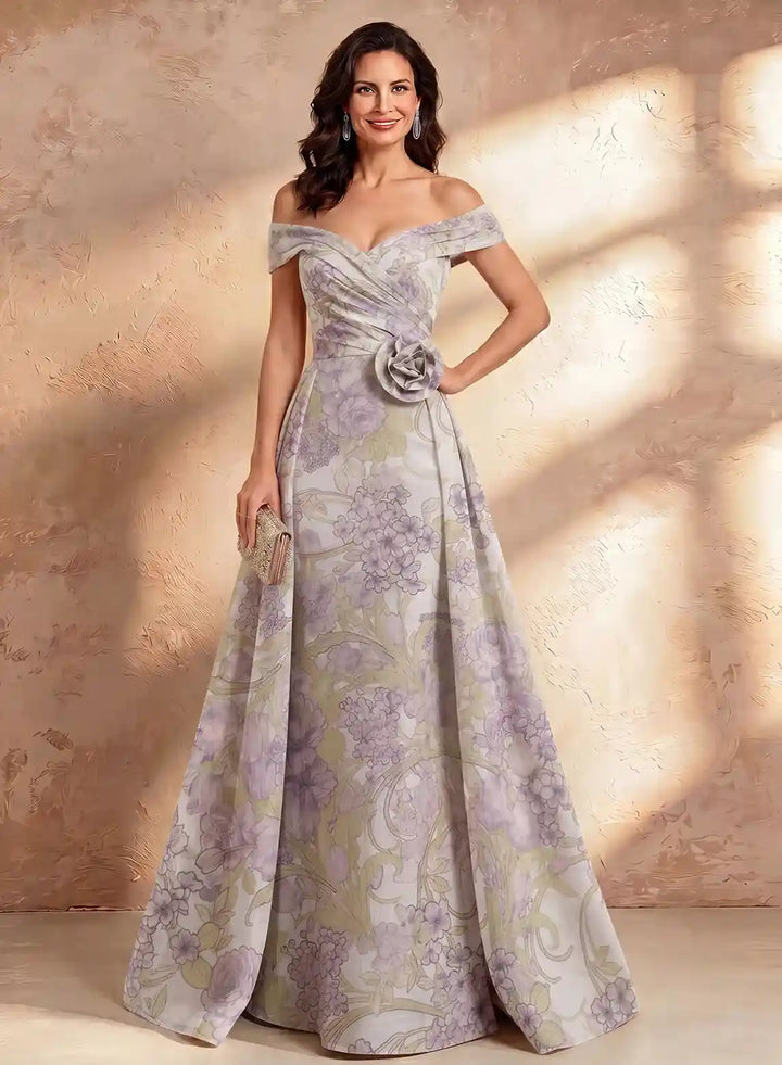 Veloria Off-Shoulder Floral Chiffon Evening Gown with Flowing A-Line Silhouette
