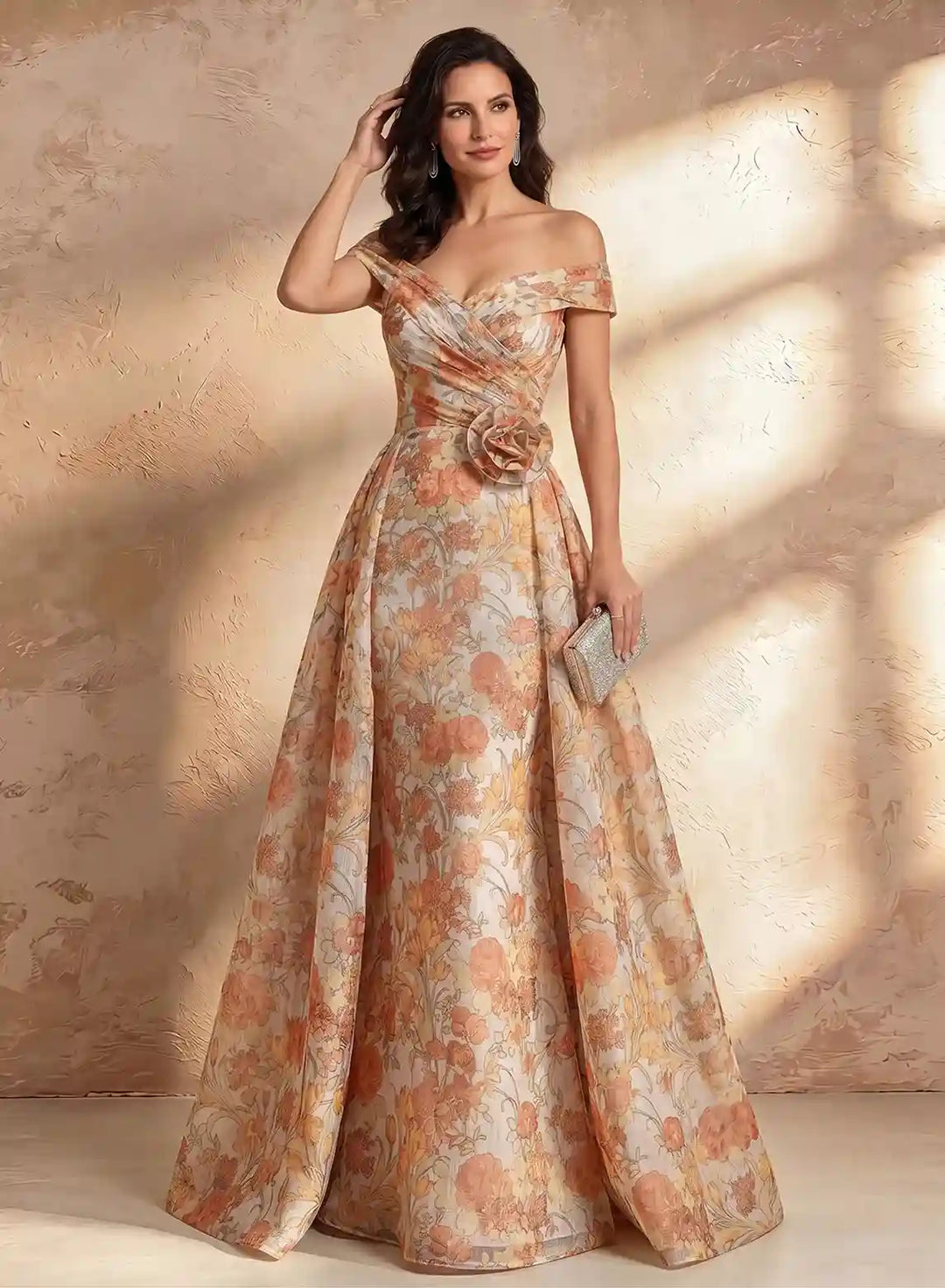 Veloria Off-Shoulder Floral Chiffon Evening Gown with Flowing A-Line Silhouette