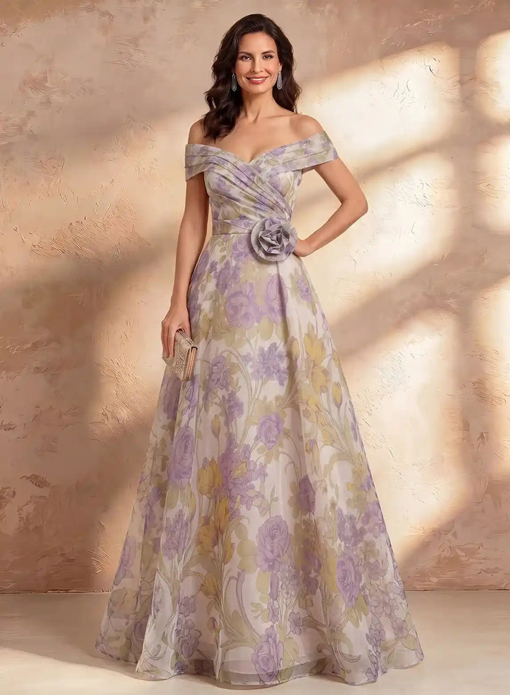 Veloria Off Shoulder Chiffon Floral Maxi Dress for Wedding Guests &amp; Evening Events