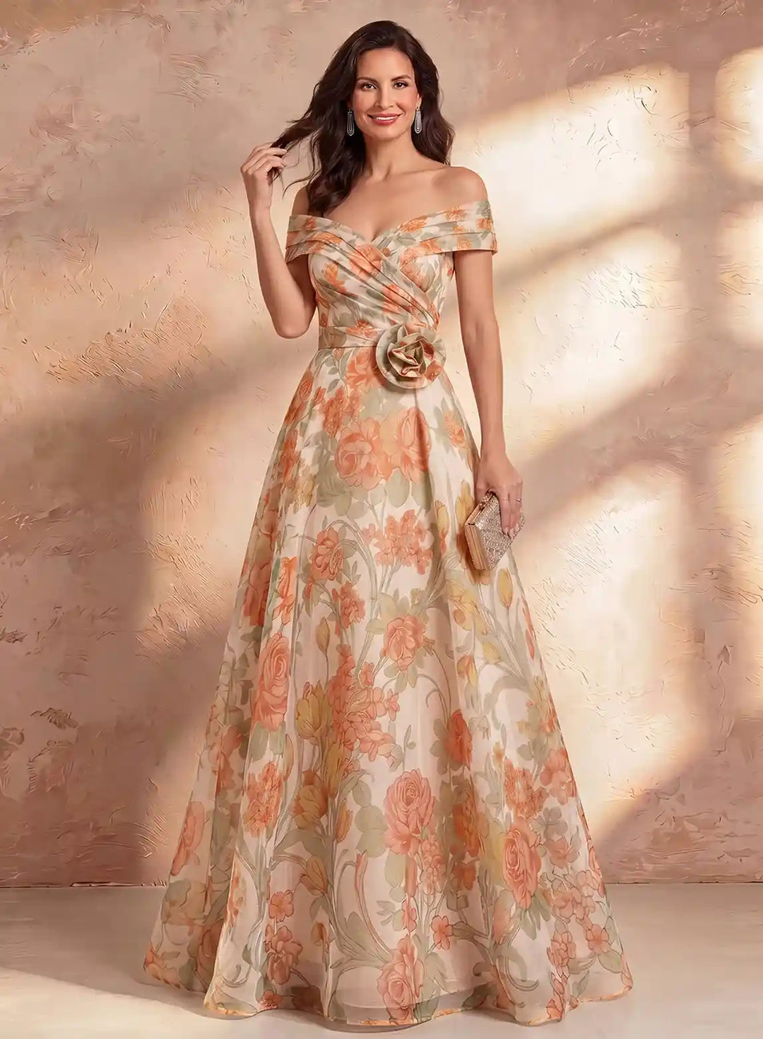 Veloria Off Shoulder Chiffon Floral Maxi Dress for Wedding Guests &amp; Evening Events