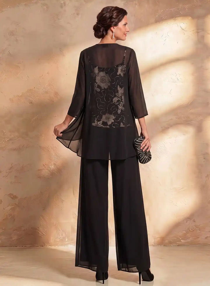 Veloria Black Floral Chiffon 3-Piece Wide-Leg Pantsuit Set