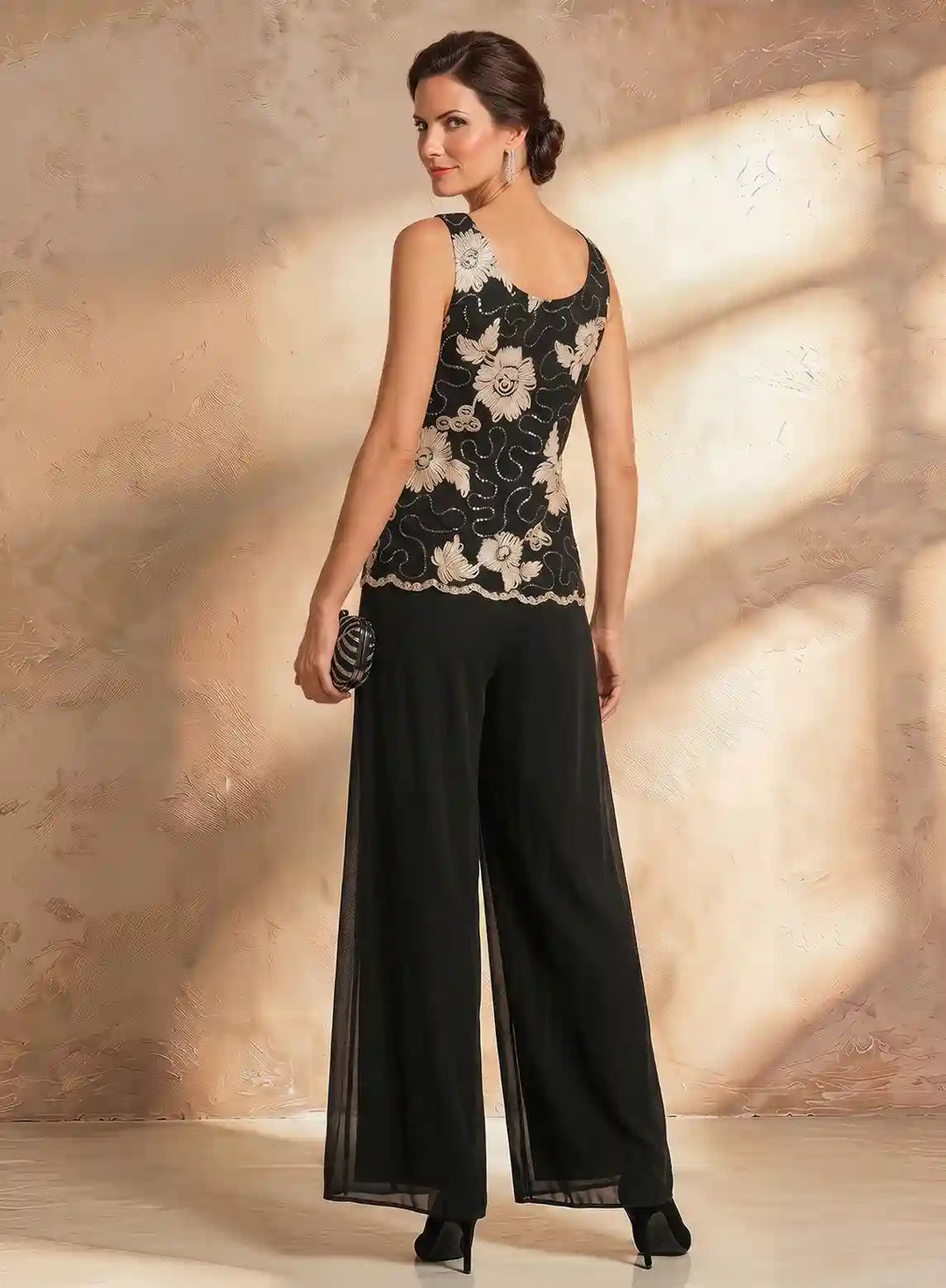 Veloria Black Floral Chiffon 3-Piece Wide-Leg Pantsuit Set