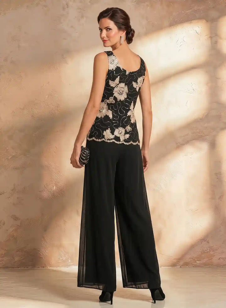 Veloria Black Floral Chiffon 3-Piece Wide-Leg Pantsuit Set