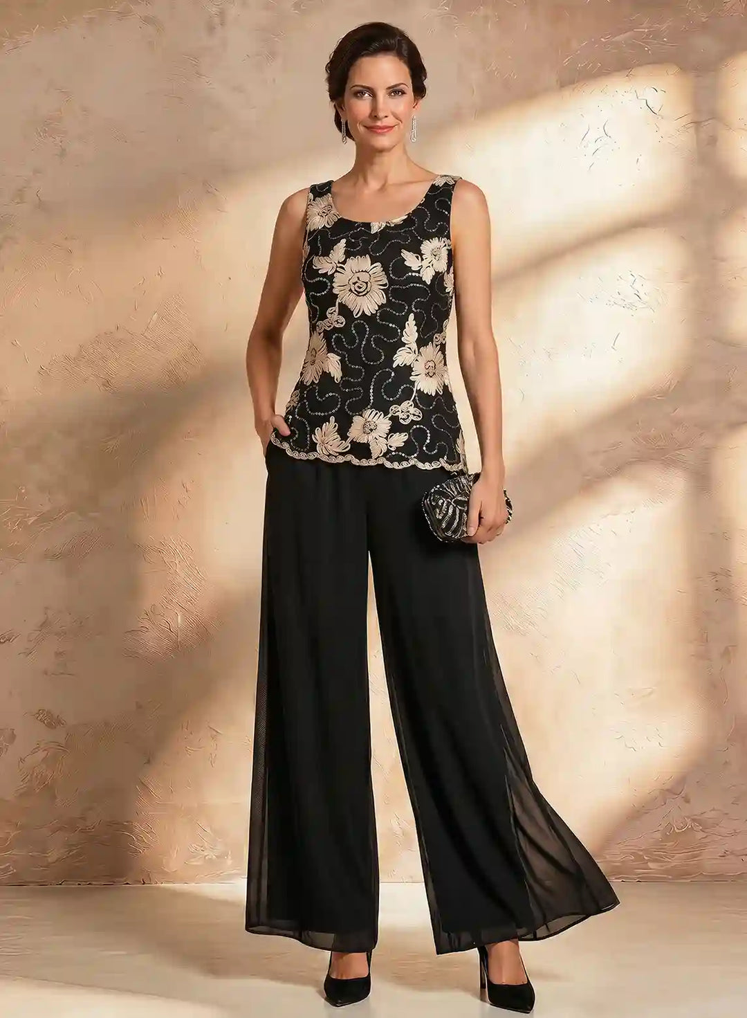 Veloria Black Floral Chiffon 3-Piece Wide-Leg Pantsuit Set