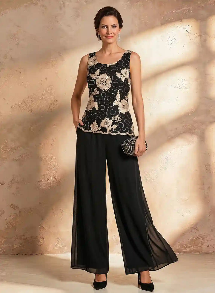 Veloria Black Floral Chiffon 3-Piece Wide-Leg Pantsuit Set