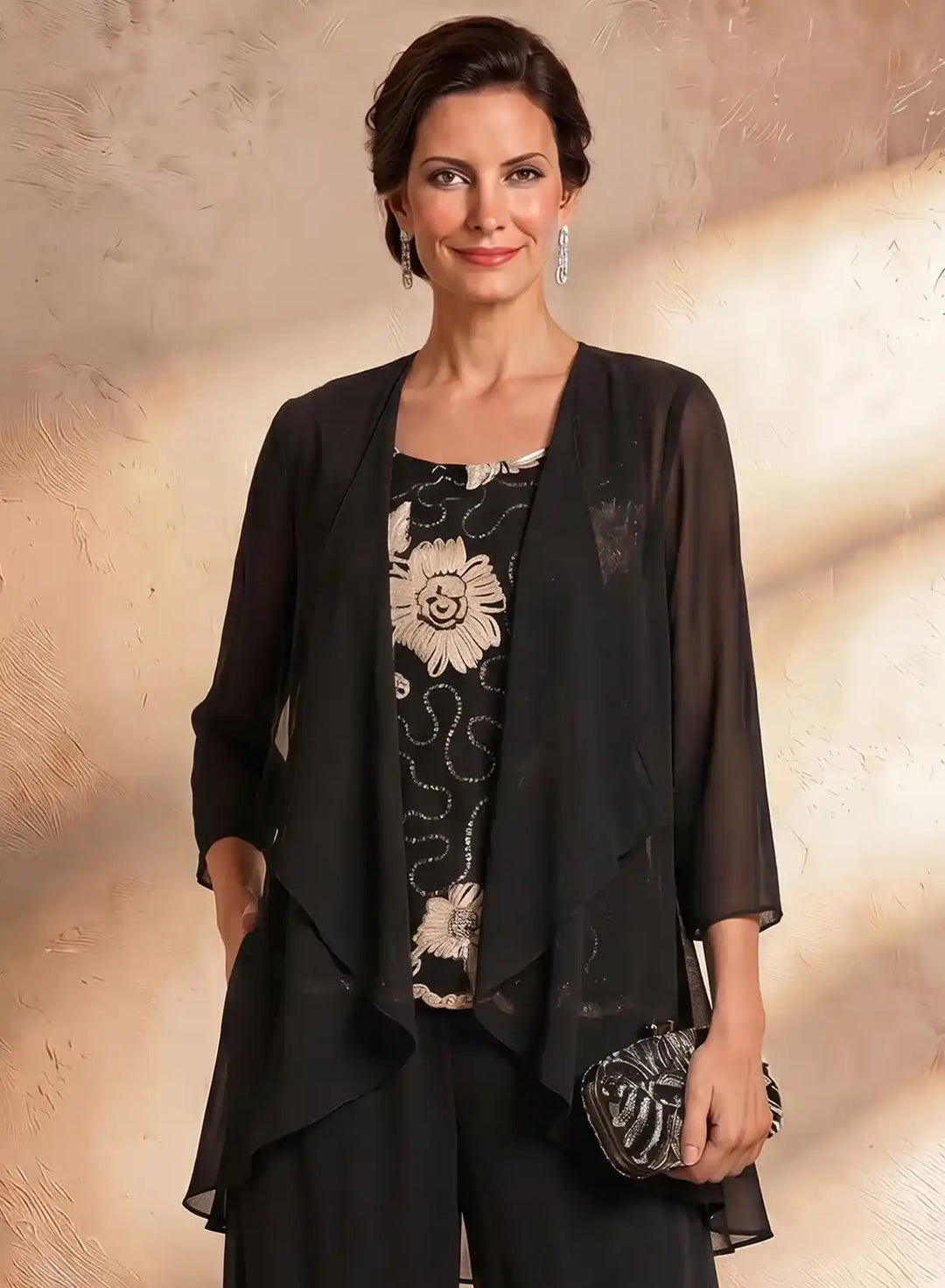 Veloria Black Floral Chiffon 3-Piece Wide-Leg Pantsuit Set