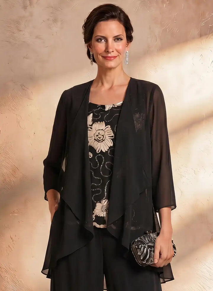 Veloria Black Floral Chiffon 3-Piece Wide-Leg Pantsuit Set