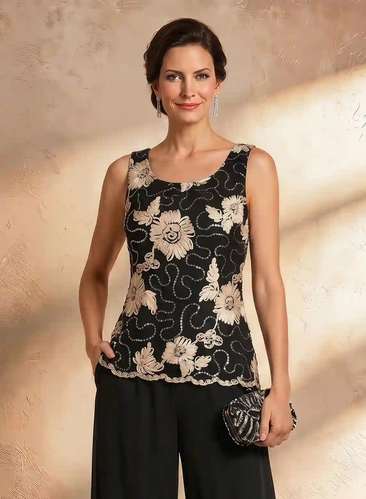 Veloria Black Floral Chiffon 3-Piece Wide-Leg Pantsuit Set