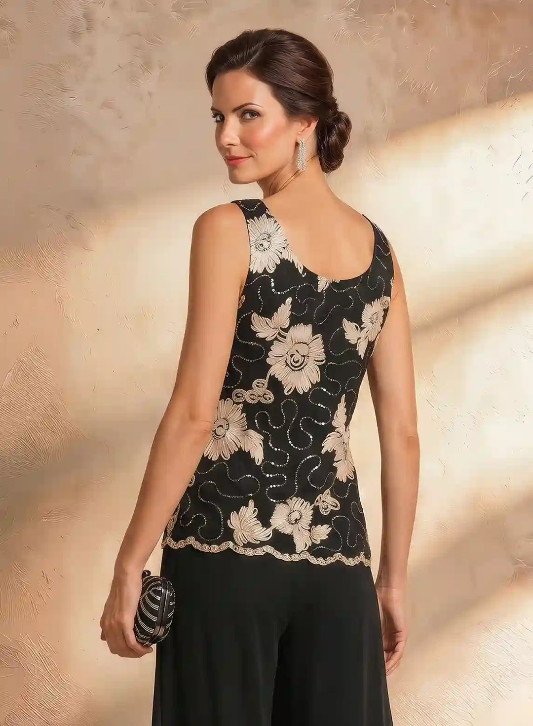 Veloria Black Floral Chiffon 3-Piece Wide-Leg Pantsuit Set