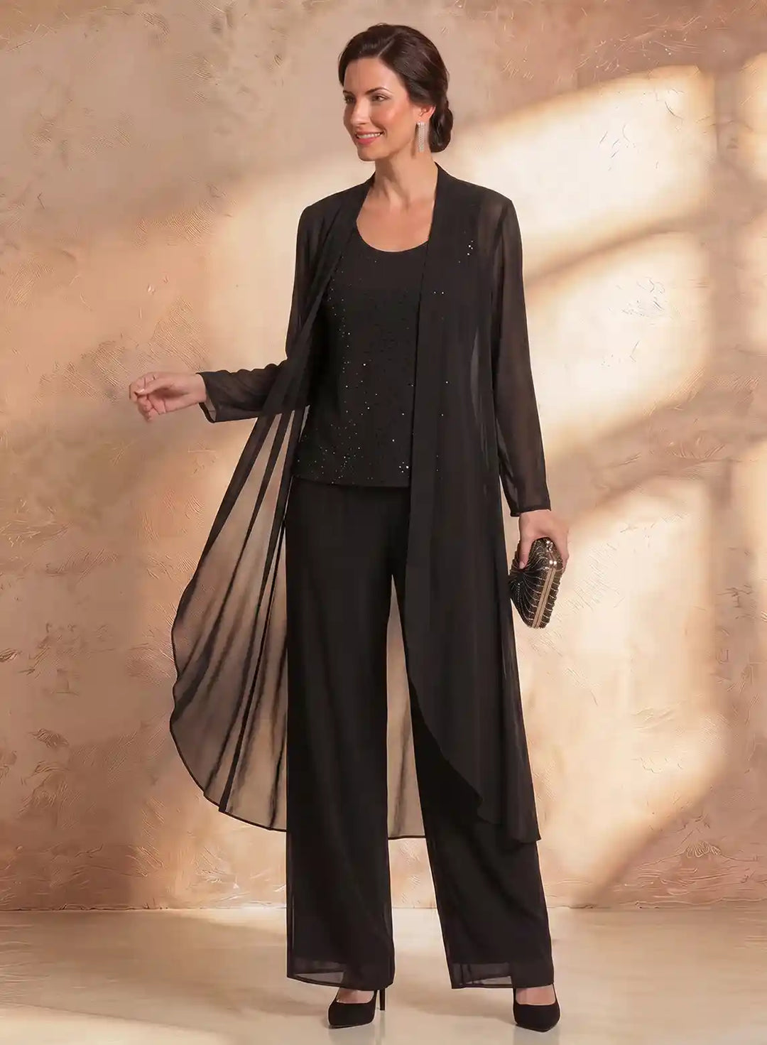 Veloria Black Sequin Chiffon 3-Piece Pantsuit with Duster Jacket