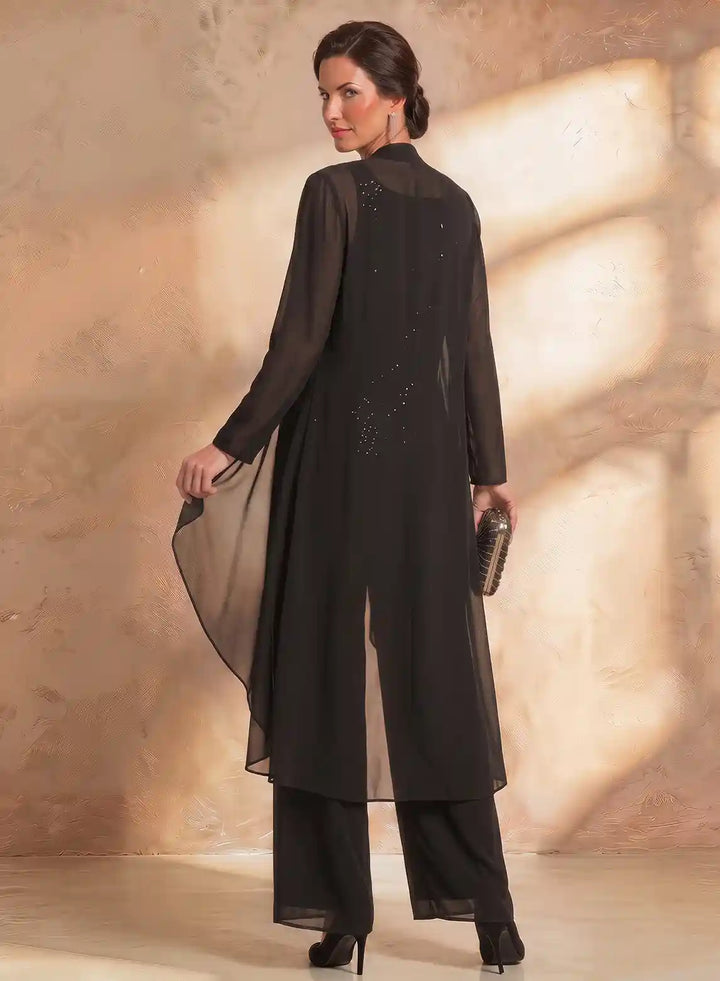 Veloria Black Sequin Chiffon 3-Piece Pantsuit with Duster Jacket