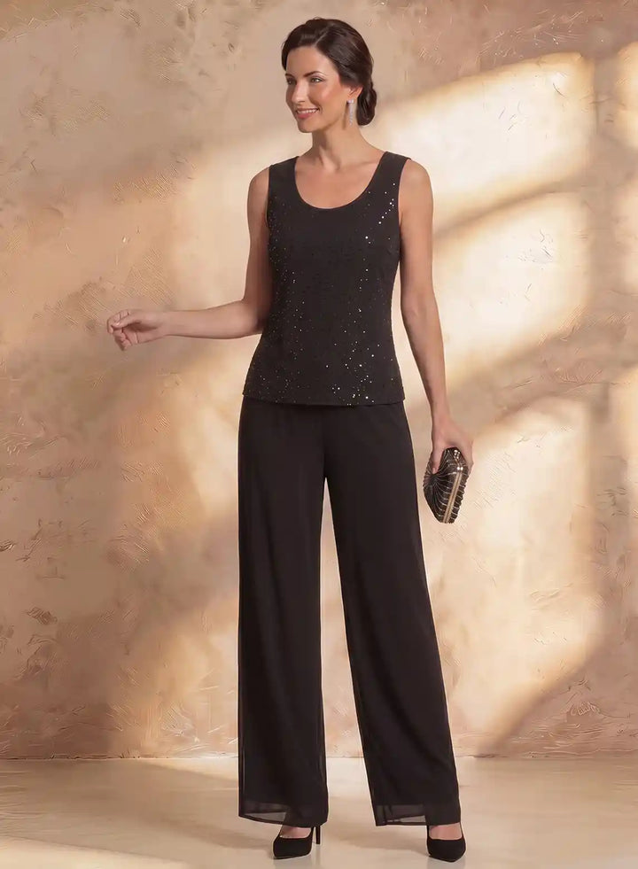 Veloria Black Sequin Chiffon 3-Piece Pantsuit with Duster Jacket