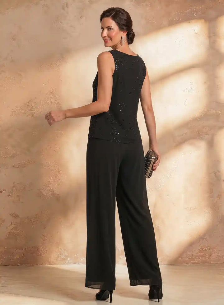 Veloria Black Sequin Chiffon 3-Piece Pantsuit with Duster Jacket
