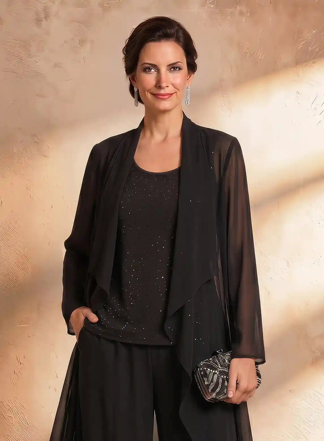 Veloria Black Sequin Chiffon 3-Piece Pantsuit with Duster Jacket