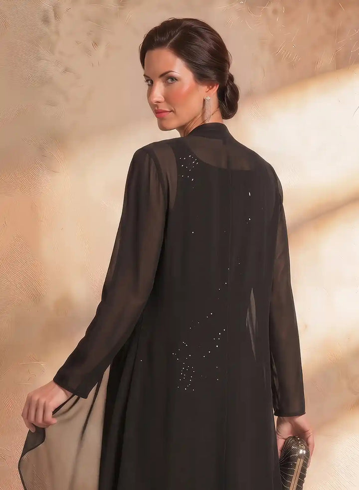 Veloria Black Sequin Chiffon 3-Piece Pantsuit with Duster Jacket