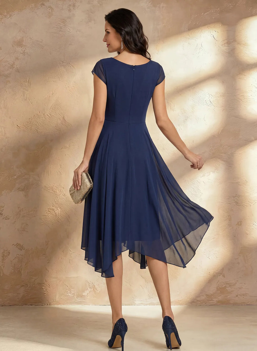 Veloria Navy Chiffon Midi Dress with Beaded V-Neck and Handkerchief Hem