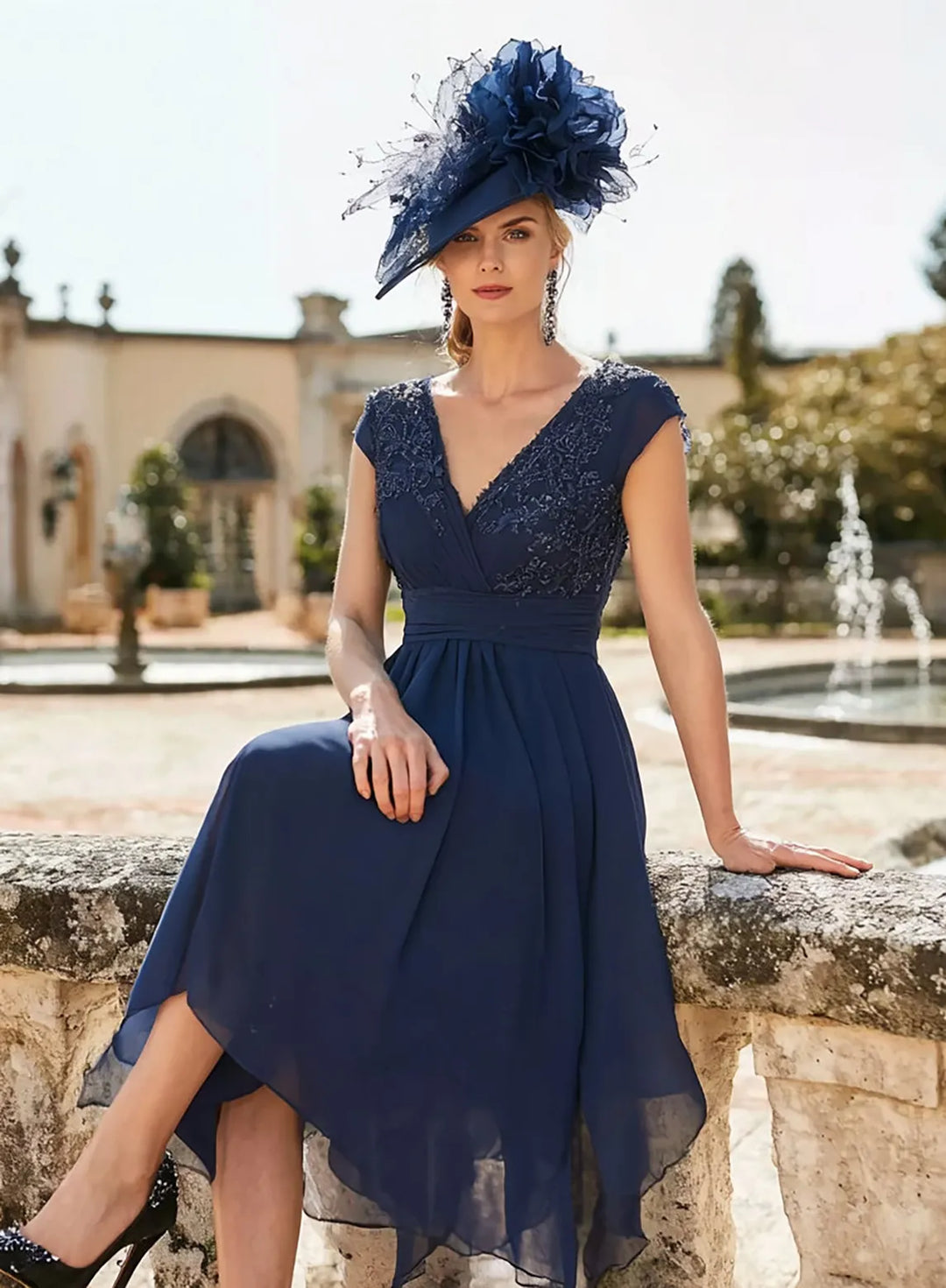 Veloria Navy Chiffon Midi Dress with Beaded V-Neck and Handkerchief Hem